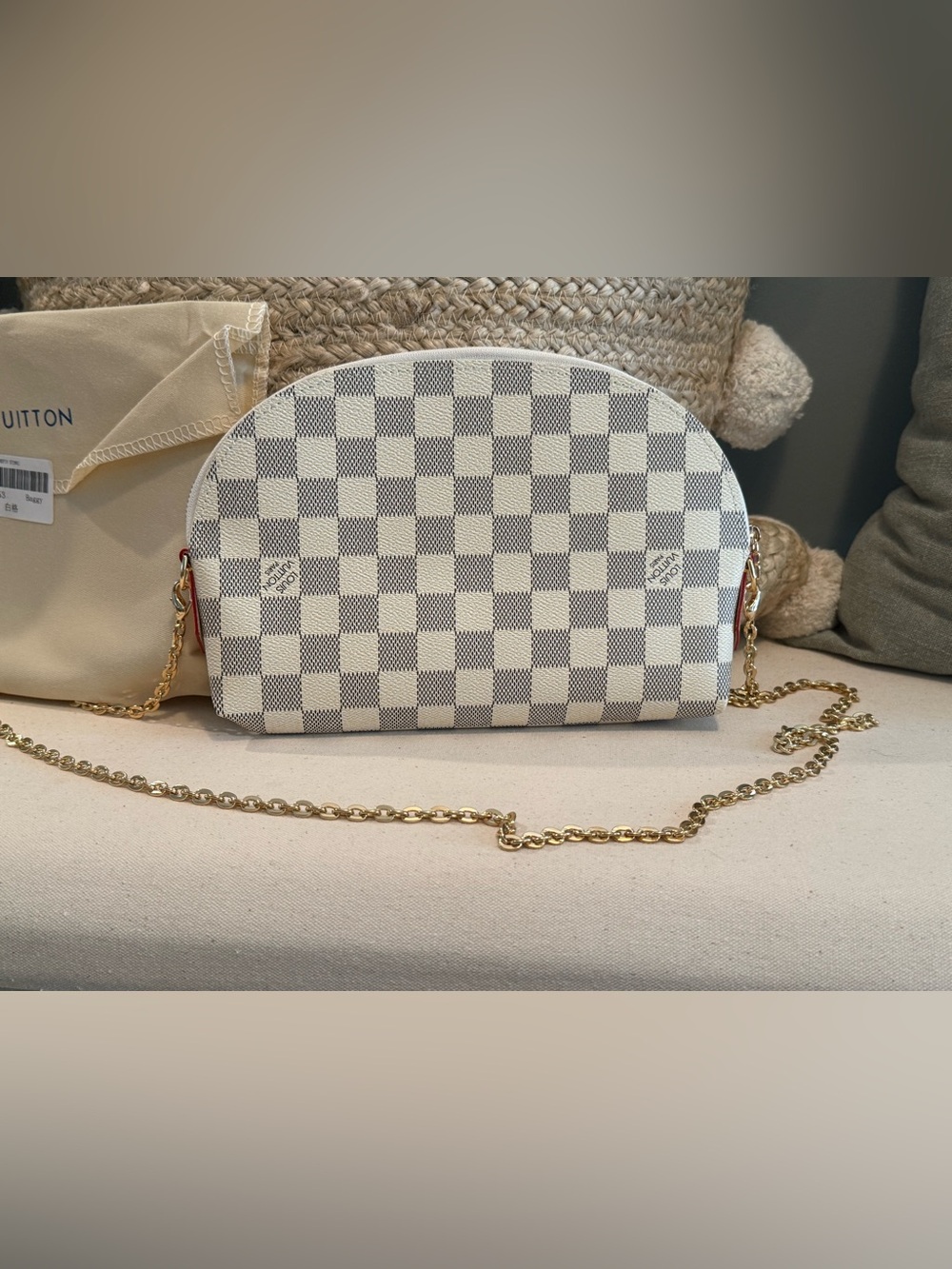L V Checkered Crossbody Bag with Gold Chain